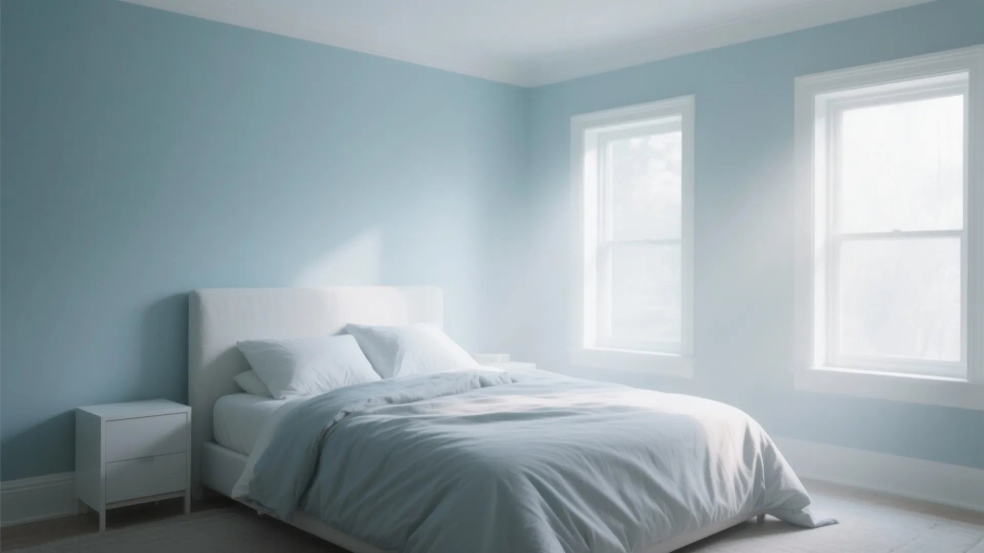 Modern pale blue bedroom with white bed white nightstand two windows and bright natural light