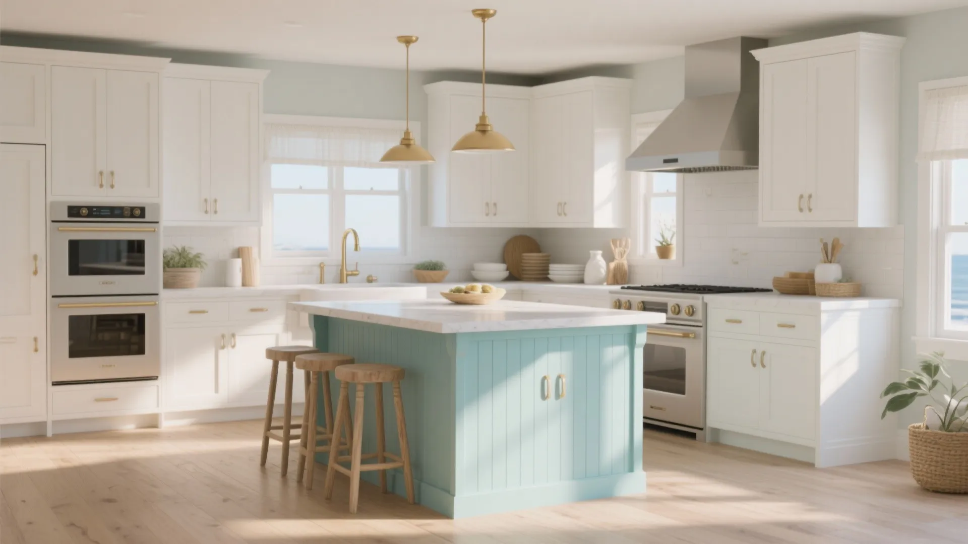 Bright kitchen with white cabinets light blue island wooden stools gold ceiling lights and light floor