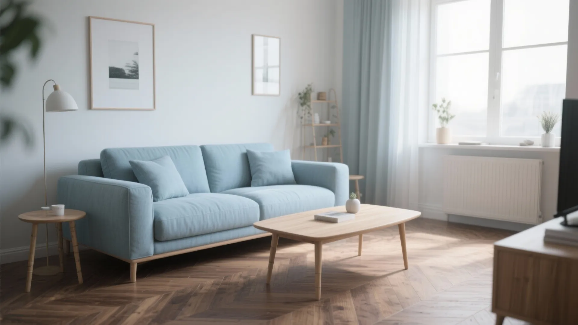 Bright living room with light blue sofa wooden coffee table dark wood floor and white walls