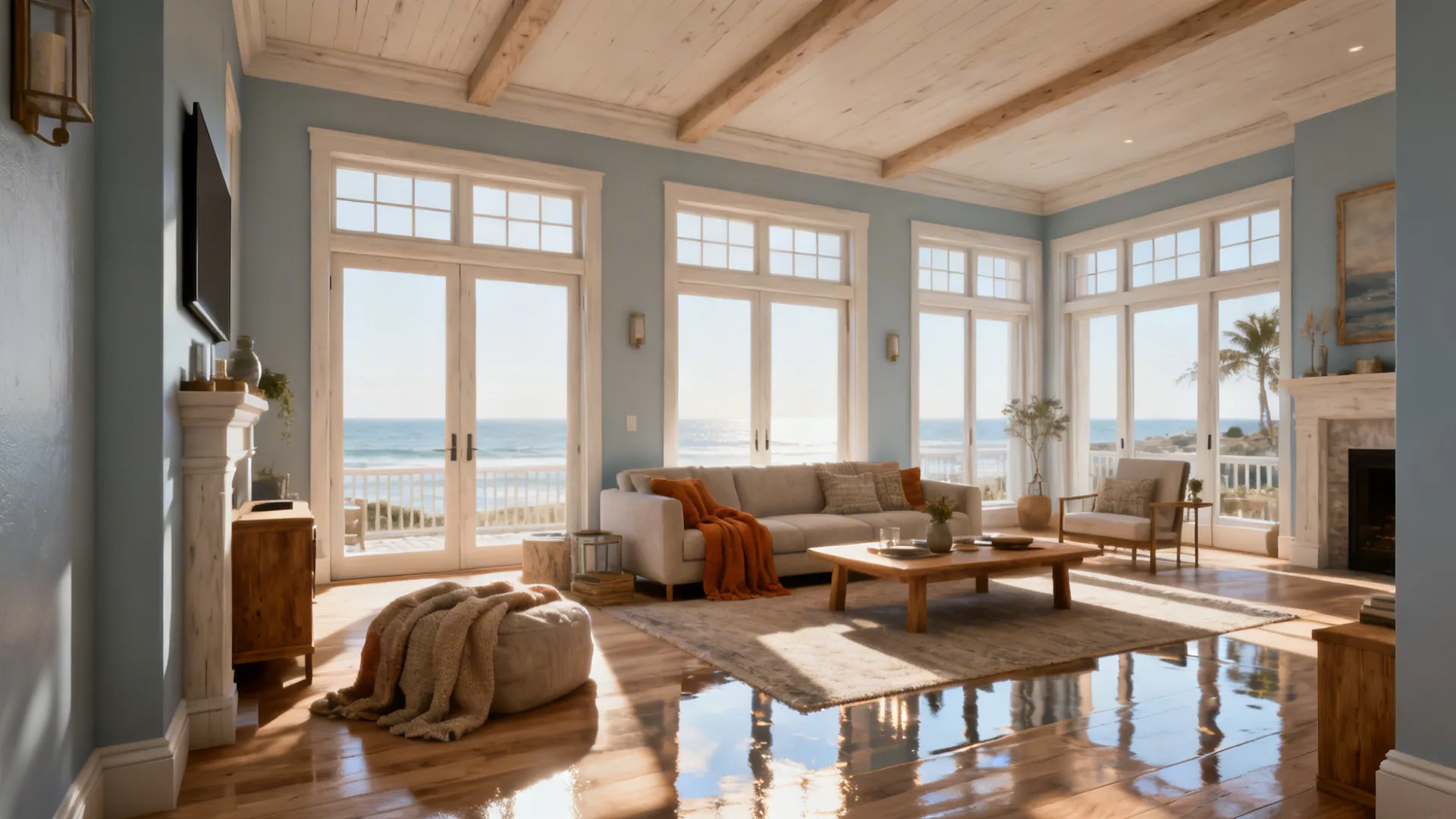 Beachfront living room with pale blue-gray walls, light wood furniture and abundant natural light for an airy feel.