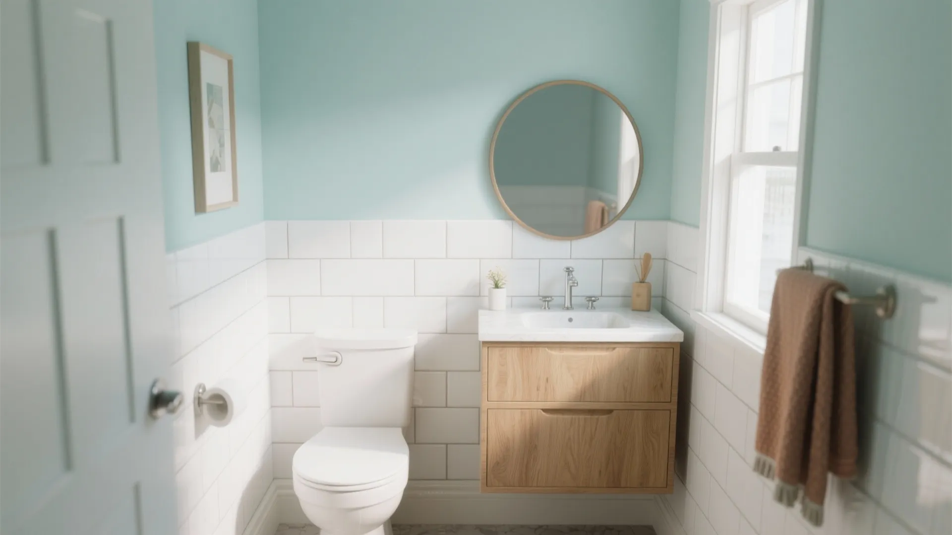 Modern bathroom with light blue walls white tiles wooden cabinet round mirror and white toilet