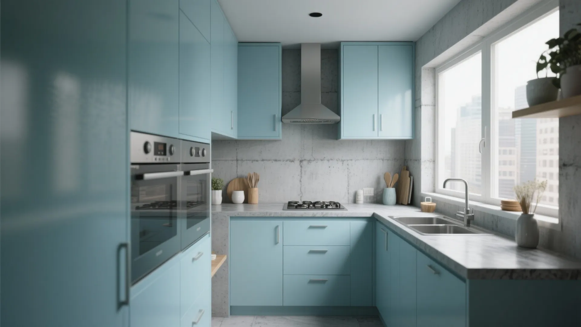 Small light blue kitchen with grey concrete wall oven stove sink window and wood shelf