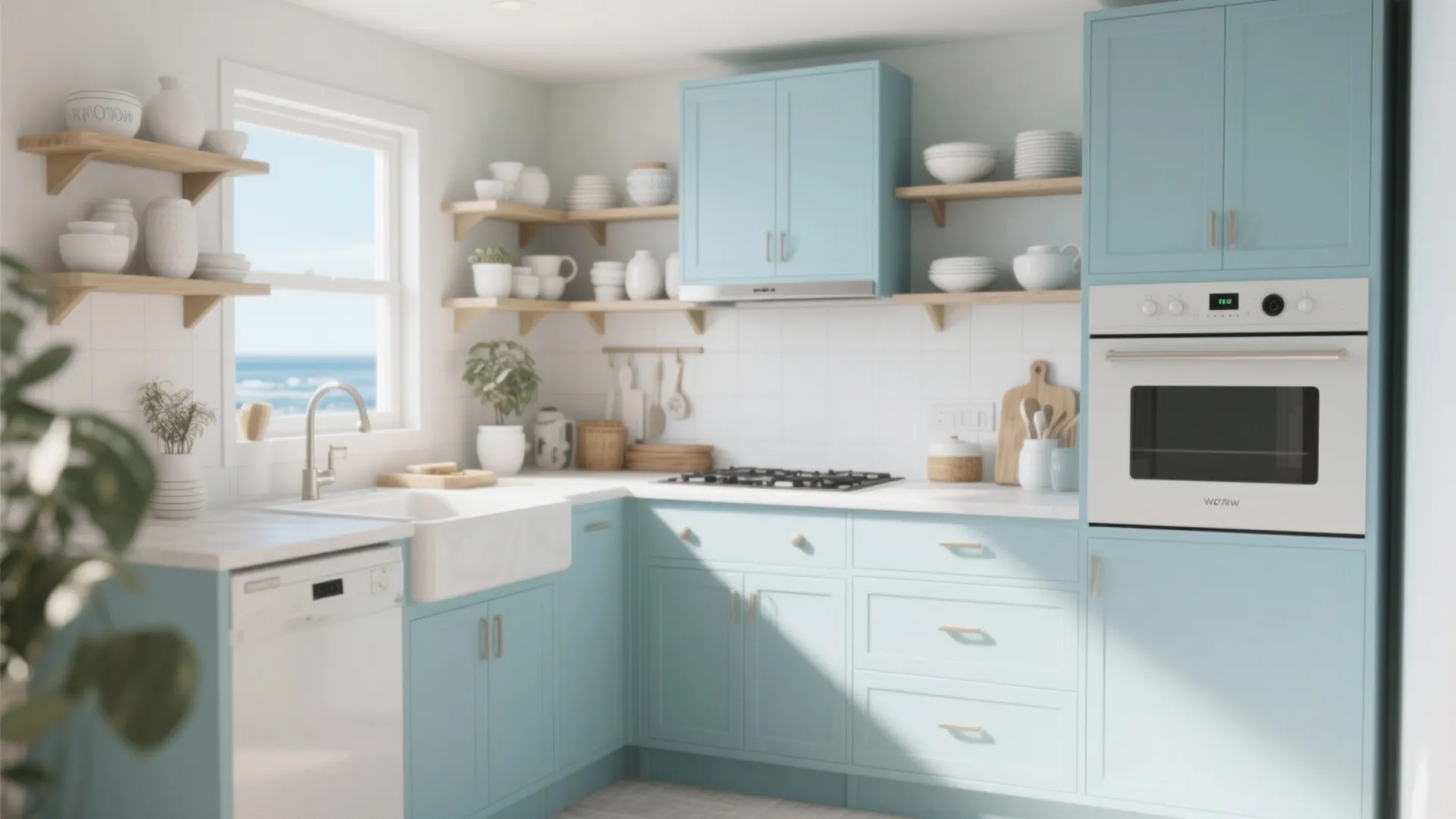 Modern pale blue kitchen with white countertops, wooden shelves, built-in oven, sink, and ocean view