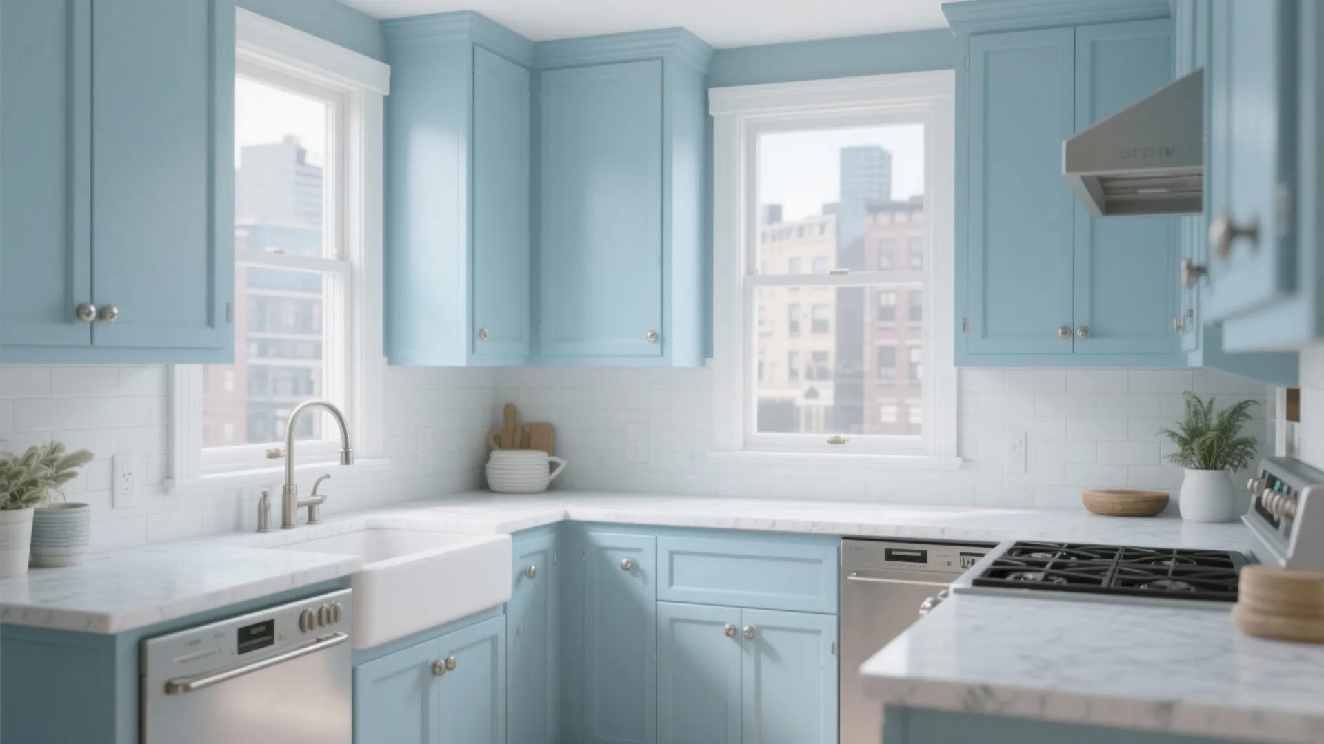 Bright kitchen with light blue cabinets white tile walls marble counters two windows and silver sink