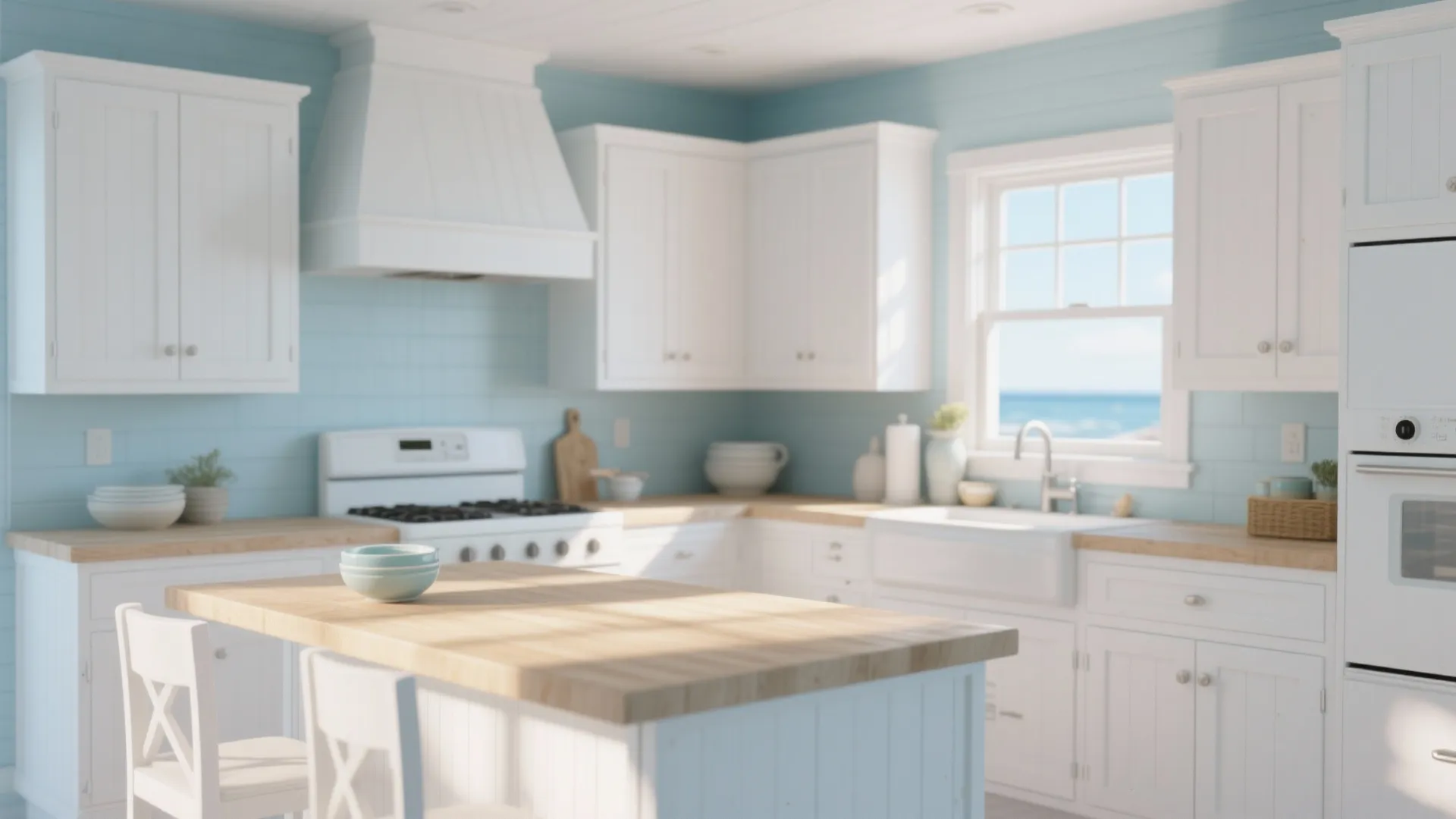 Sunlit kitchen with white cabinets and pale blue walls evoking coastal calm
