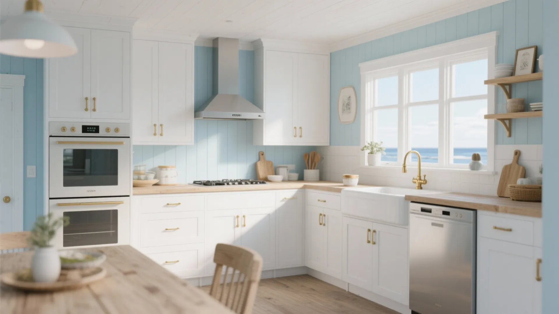 Bright kitchen with light blue wall panel white cabinets wood countertops and a large window