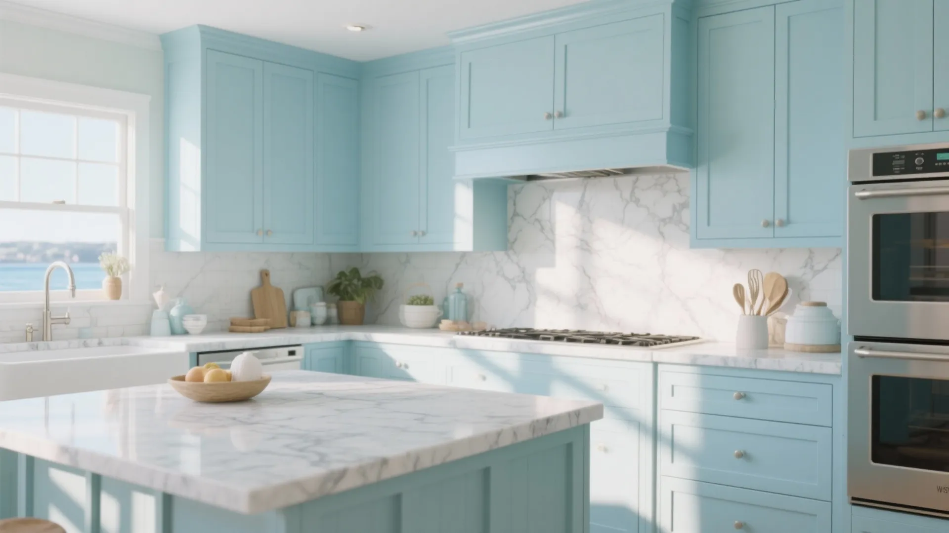 Airy kitchen with pale blue shaker cabinets and white marble countertops