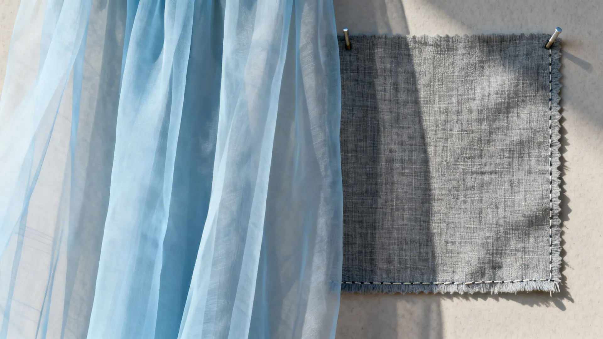 Close-up of pale blue sheer and mid-grey curtain panel textures under daylight.