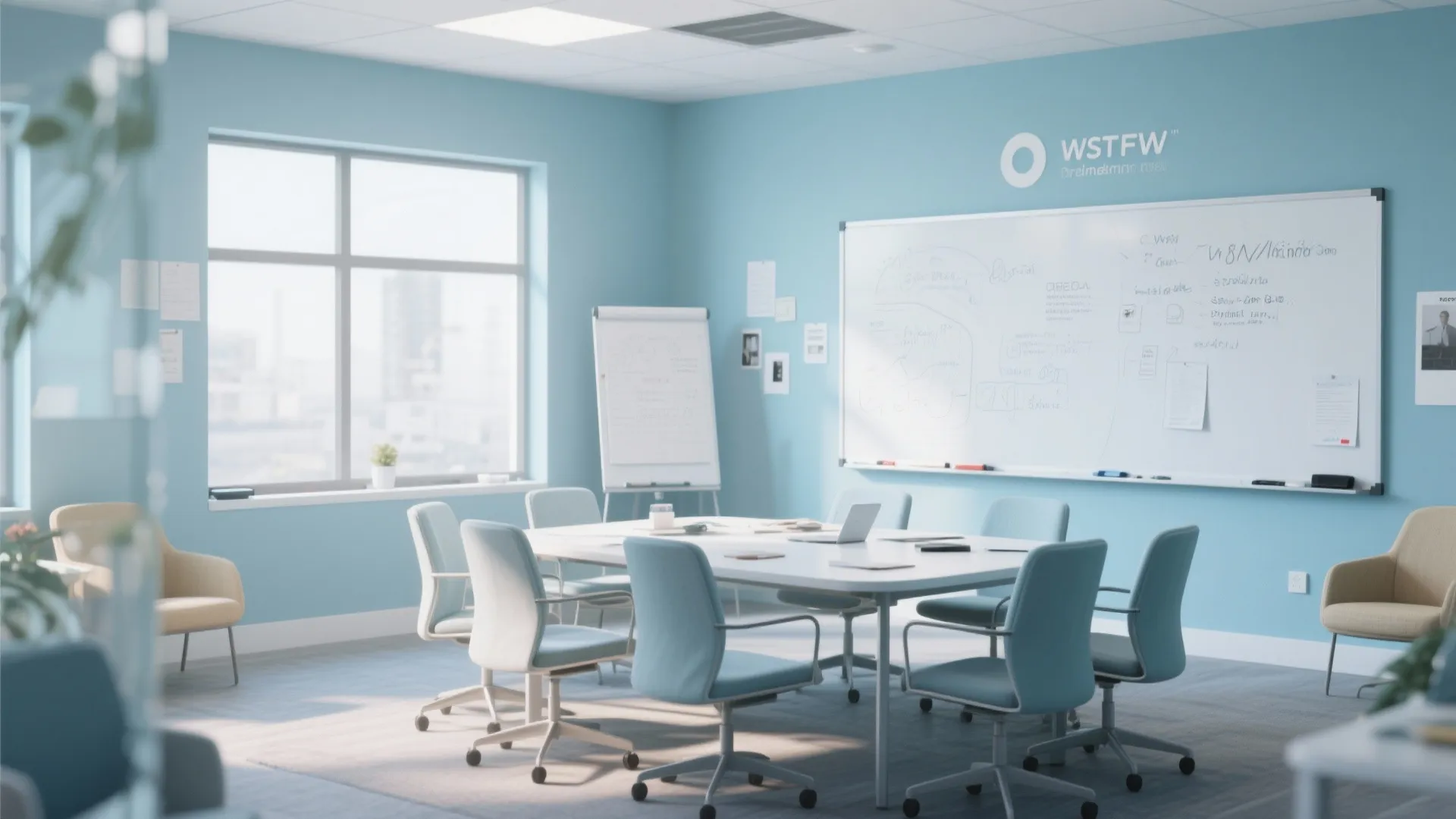Bright meeting room with light blue walls large white table matching chairs and a whiteboard