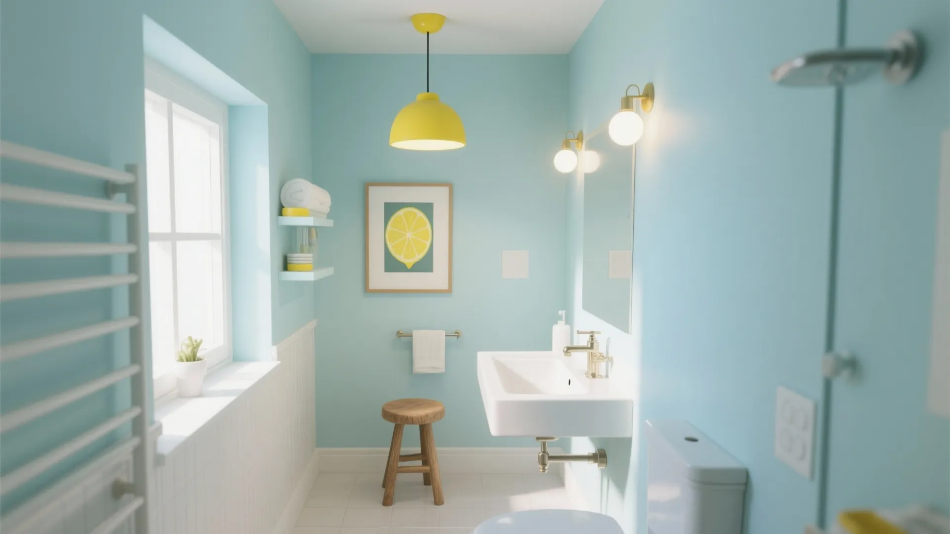 Bright blue bathroom featuring yellow ceiling light and wooden stool with white sink and wall lights