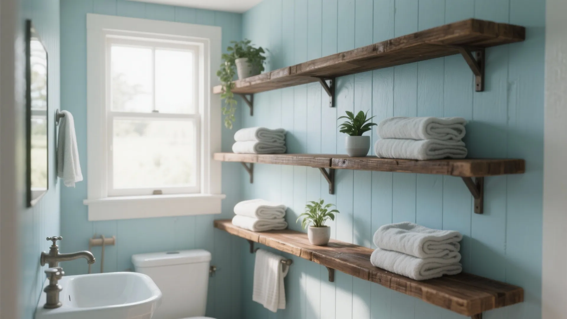 4. Pale blue paint + reclaimed brown timber shelving