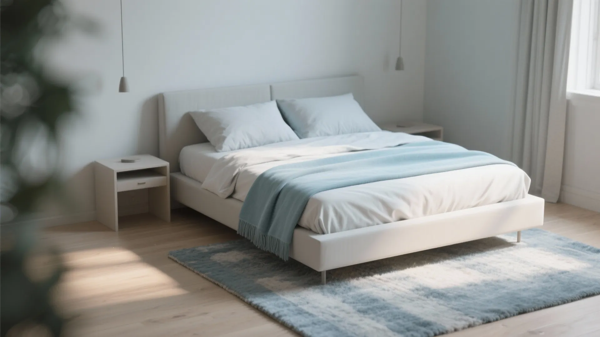 1. Anchor the bed with a pale blue runner