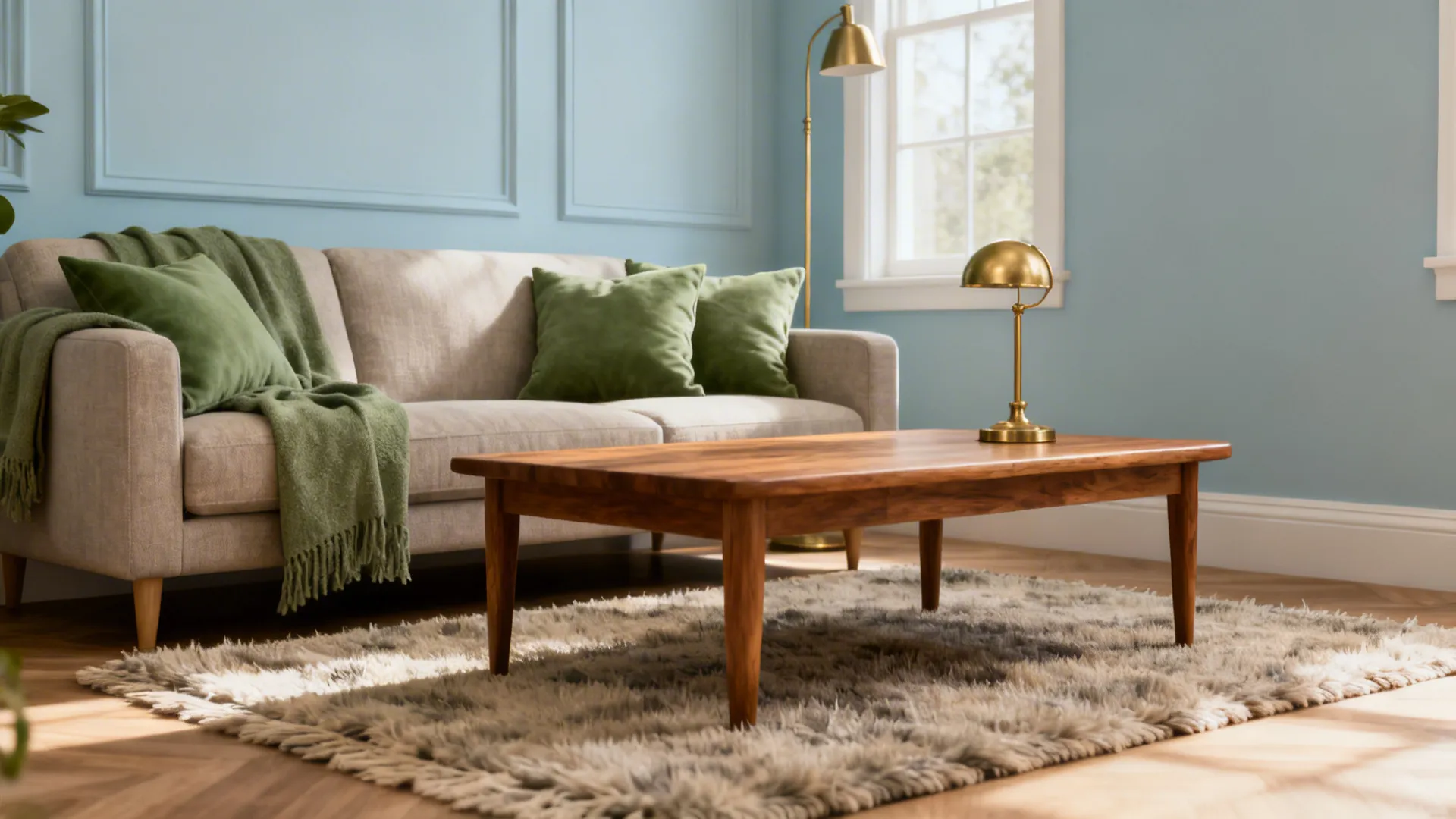 Cozy small living room with pale blue walls and sage green textiles with warm wood accents