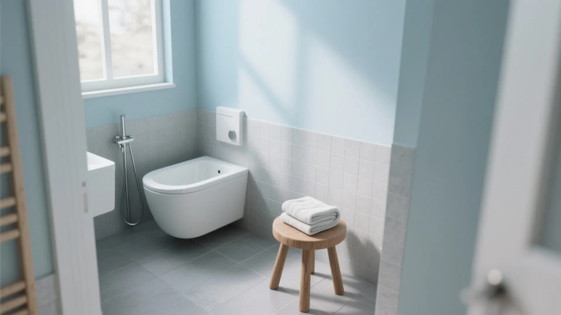 Light blue bathroom featuring a white toilet next to a small wooden stool with towels