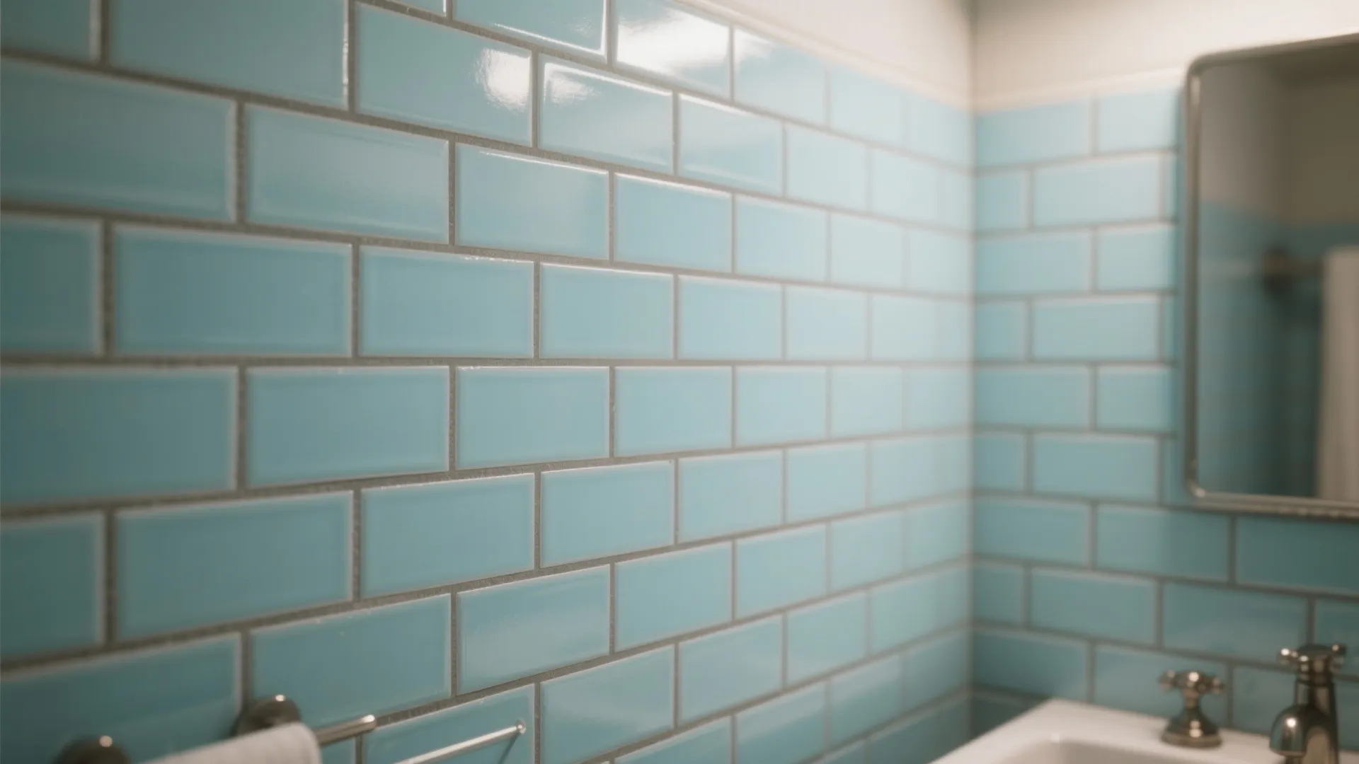 Pale blue subway tile wall with warm grey grout in a bathroom
