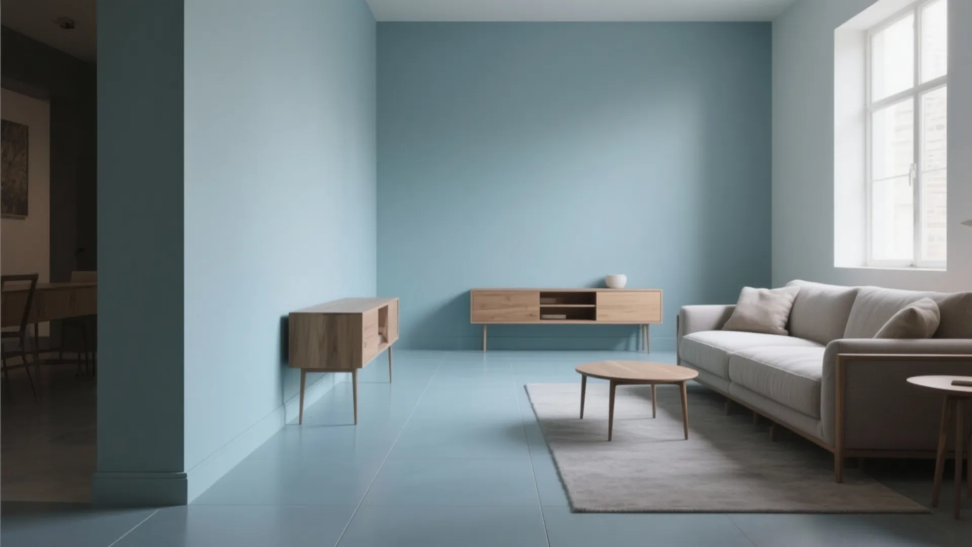 Modern blue living room with beige sofa wooden coffee table two cabinets and large bright window