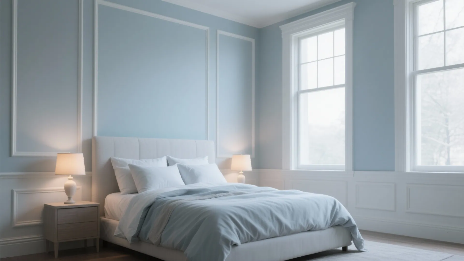 Calm bedroom with very pale grey walls having blue undertones and white trim