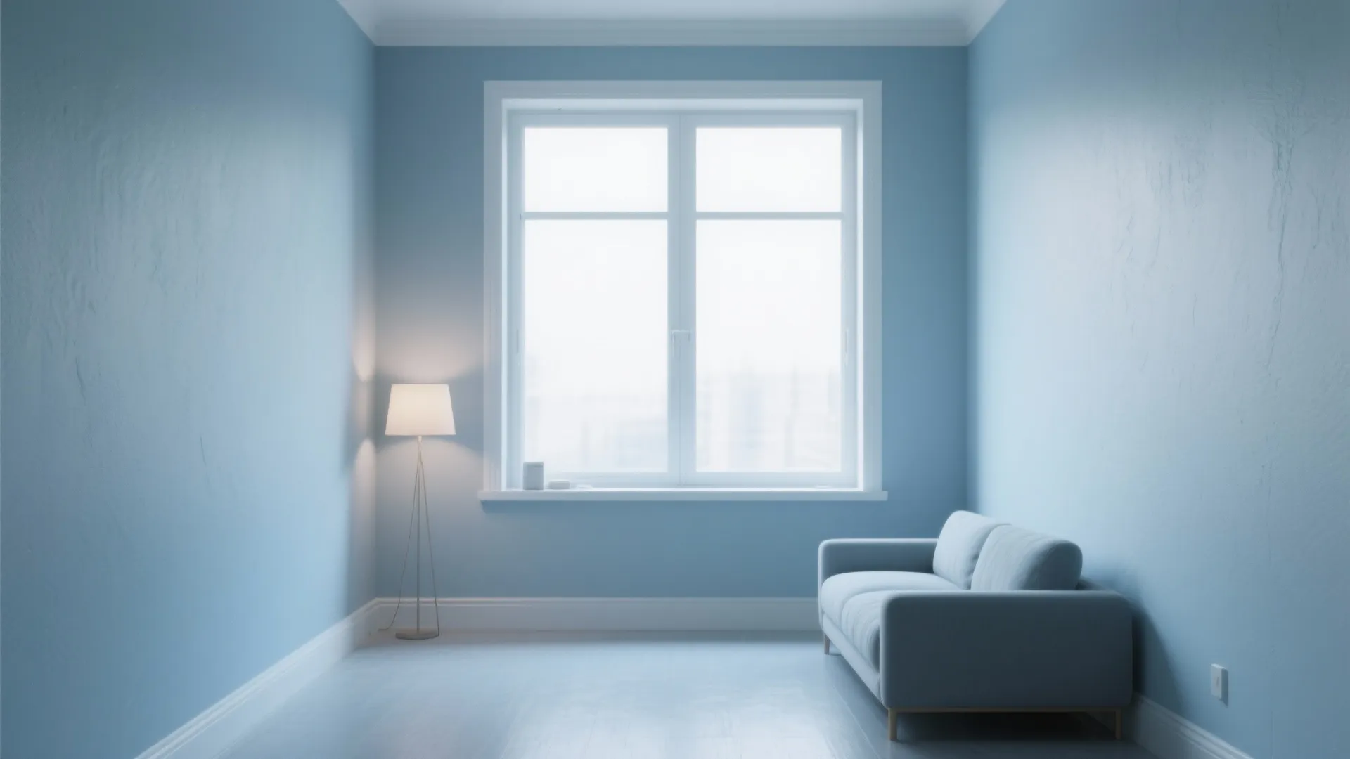 Minimalist light blue room with a large window, floor lamp, and a small blue sofa