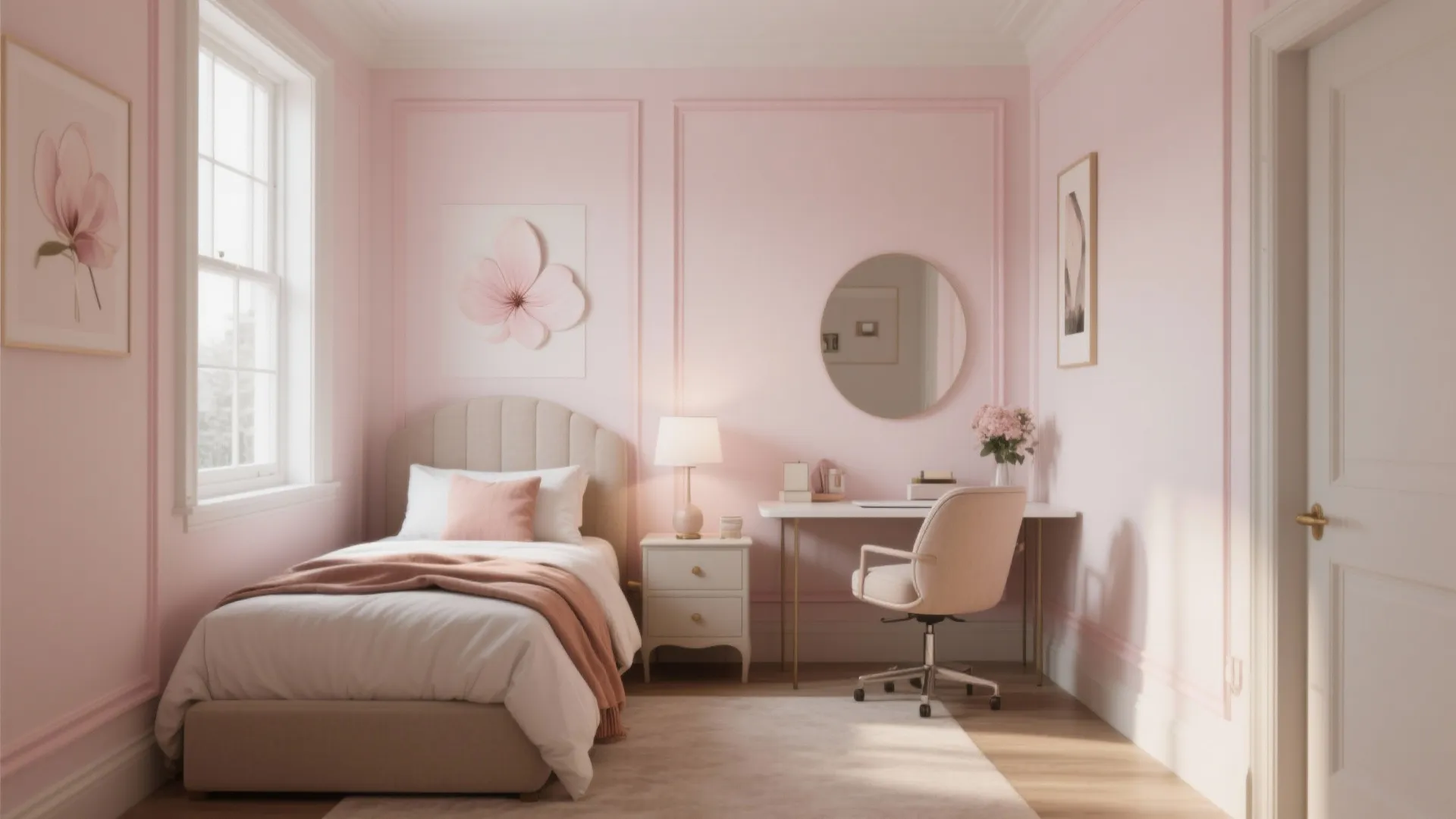 Pink bedroom with bed white desk chair and round mirror on a pink wall panel