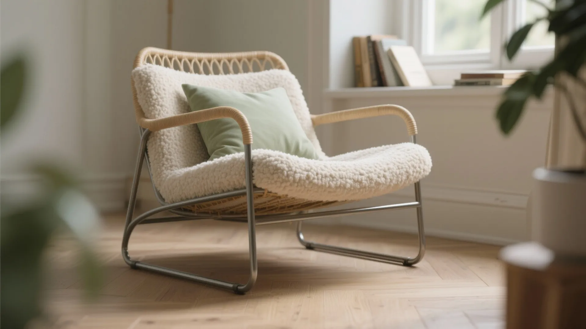 Comfortable lounge chair with white fabric green pillow metal frame wooden floor and bright natural light