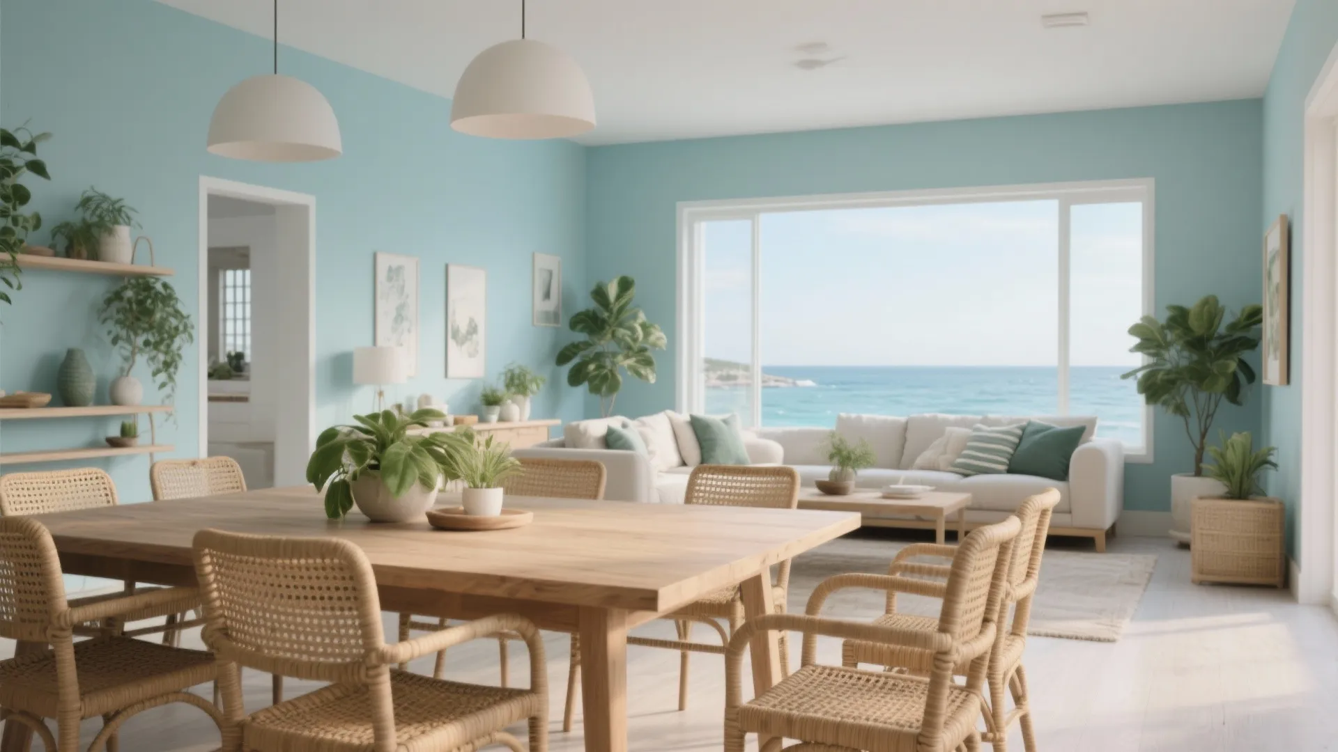 Coastal living room with blue walls wooden table wicker chairs and white sofa overlooking ocean