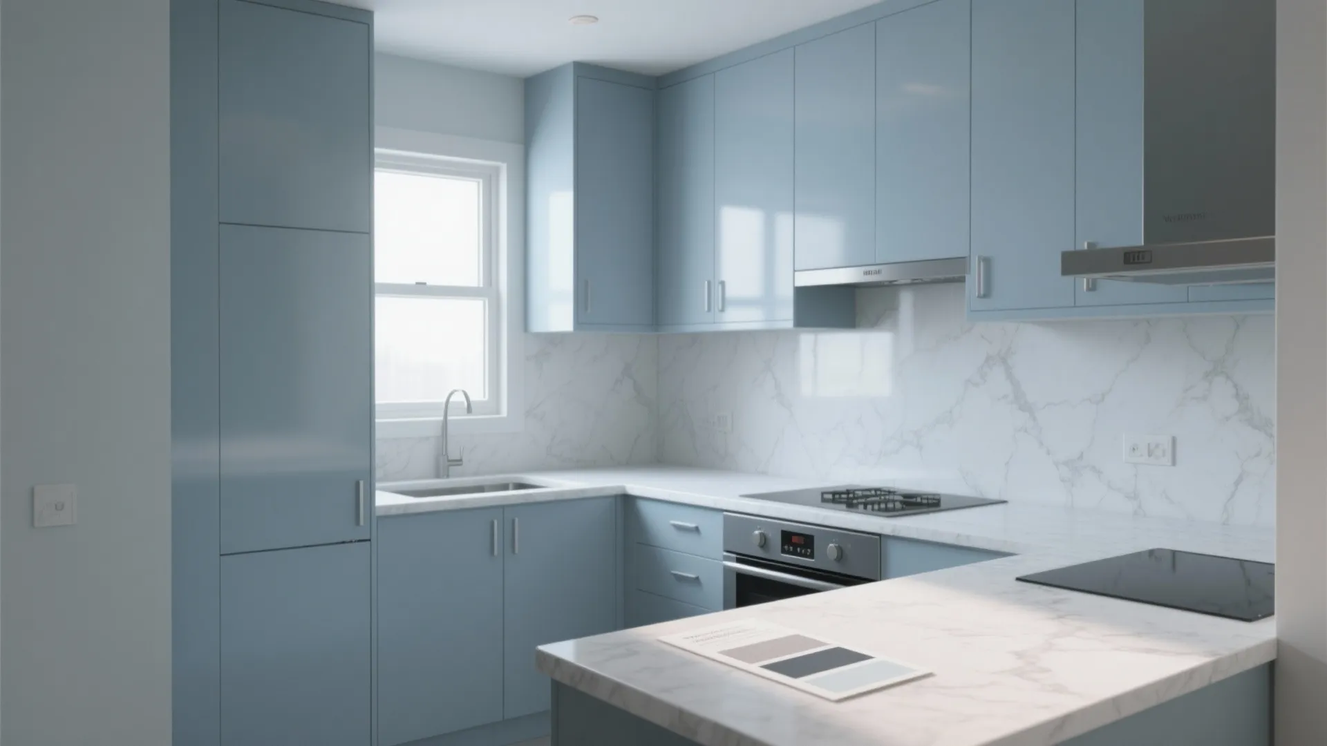 Compact kitchen with pale cool dove-gray cabinets and white countertop under soft daylight