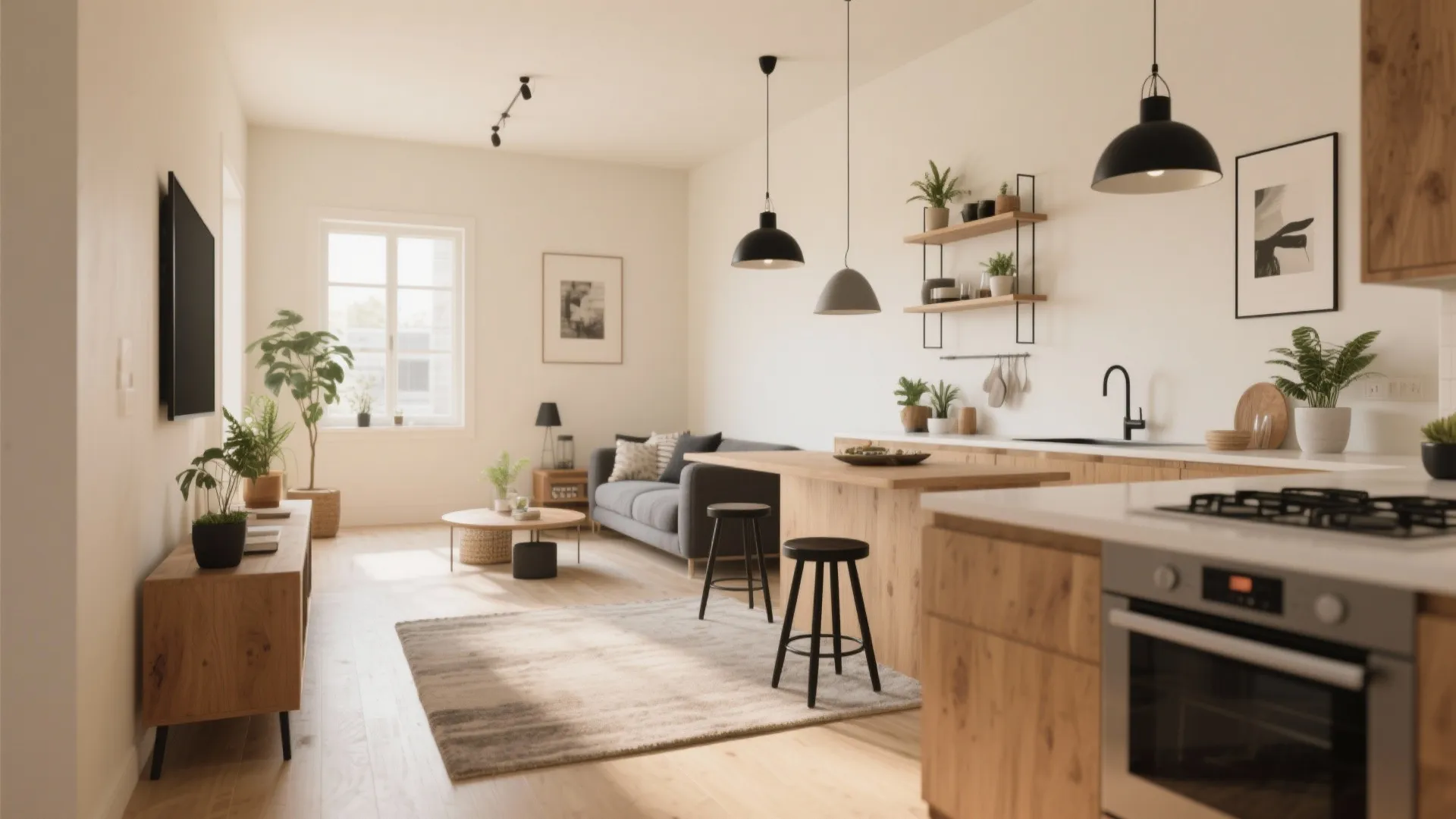 Modern open plan living room with cream walls grey sofa wooden furniture and black ceiling lights