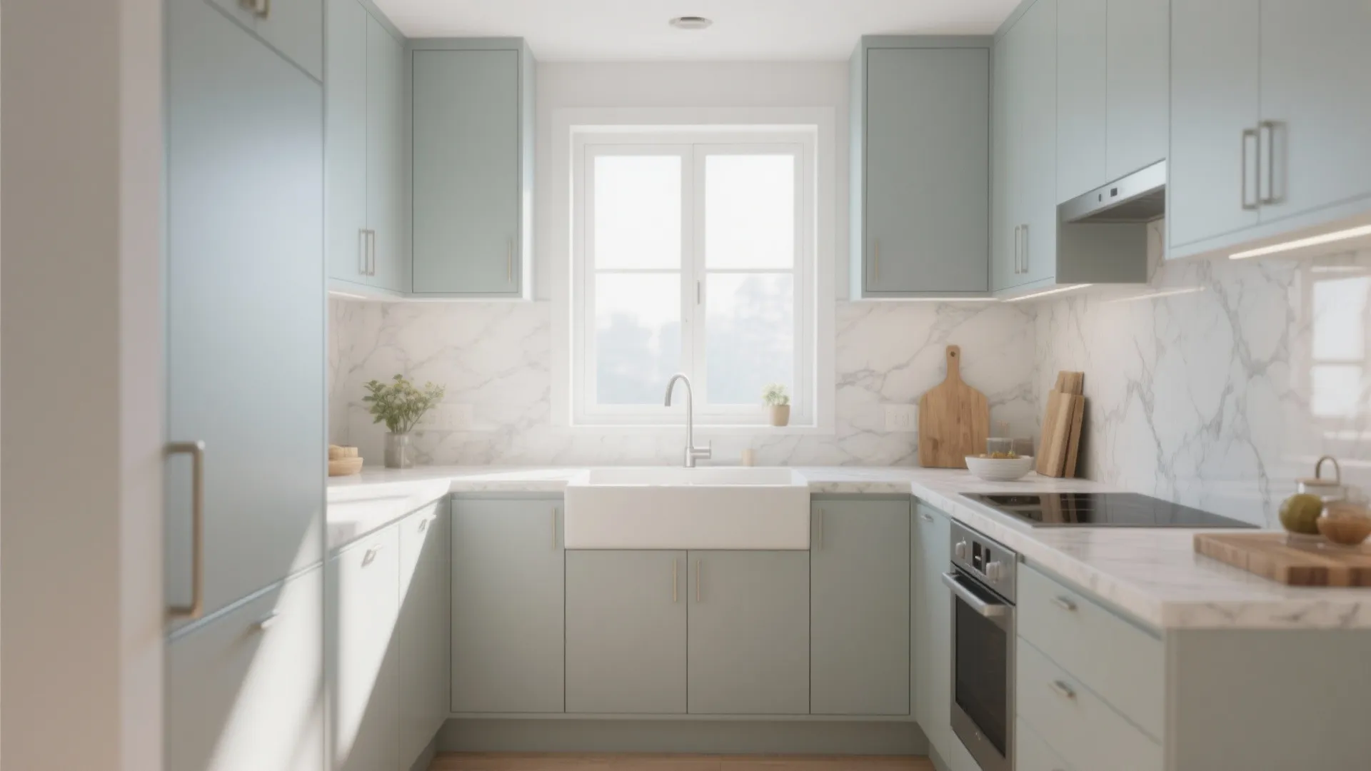 4. Pale Dove Grey for Bright Small Kitchens