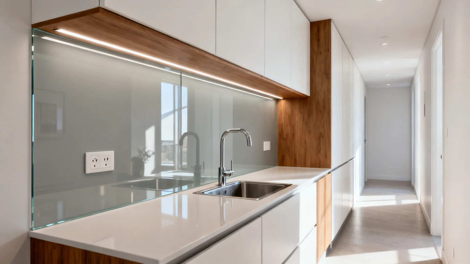 Pale gray low-iron glass backsplash in a compact galley reflecting LED task lighting for a brighter feel.
