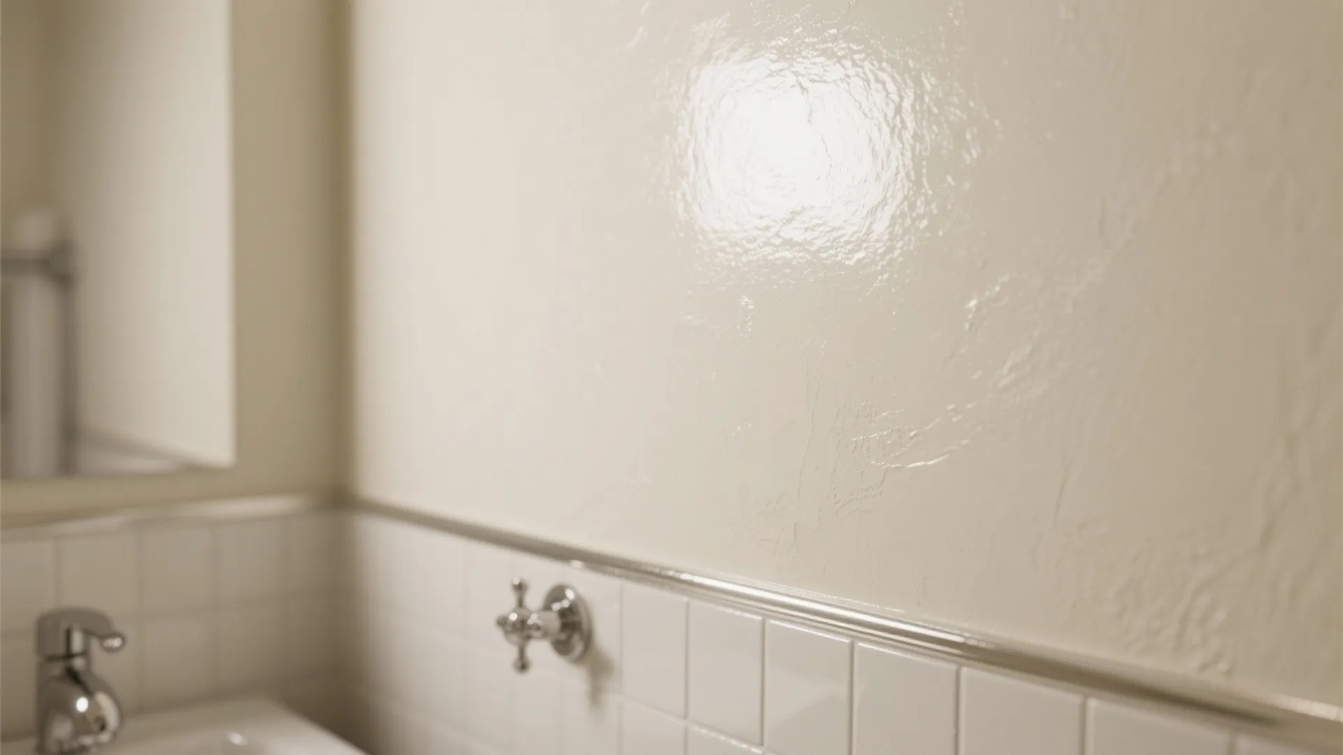 Close up of a shiny cream wall above white tiles with a silver water tap