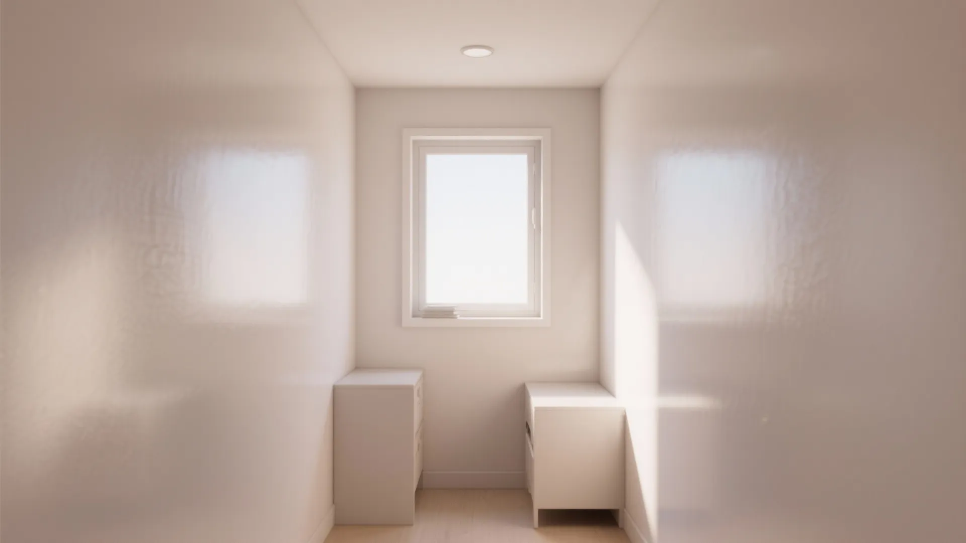 Small white room with glossy walls one window and two cabinets under bright natural light