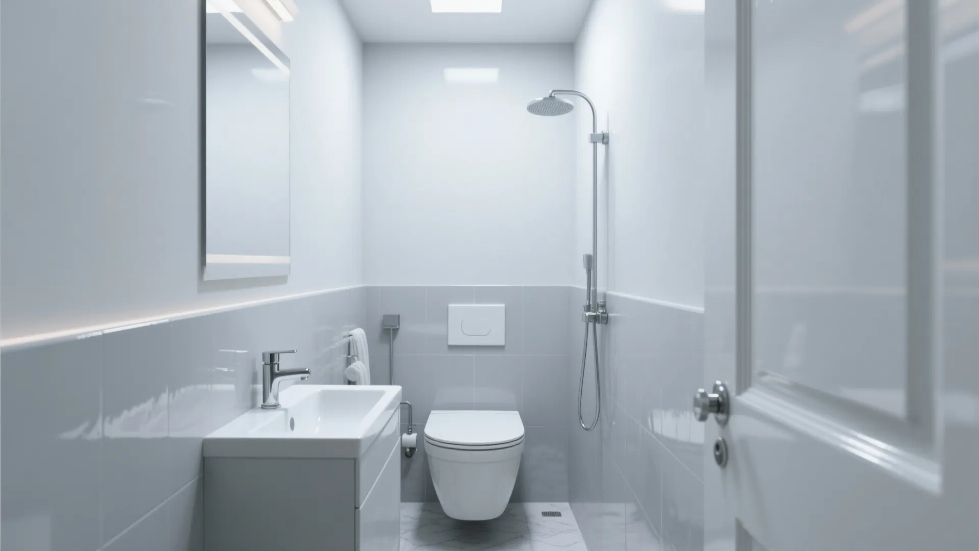 Modern white bathroom with vanity sink mirror toilet shower fixture and light gray wall tiles