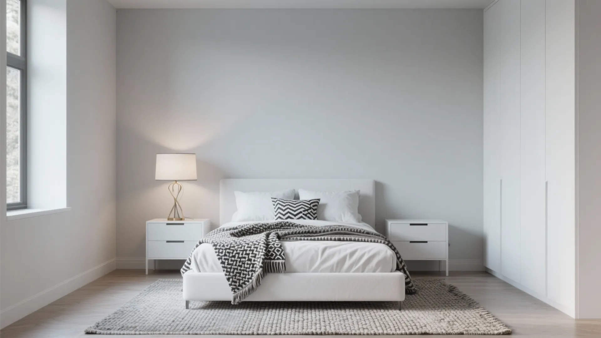 Modern pale gray bedroom with white bed, side tables, small table lamp, and large window