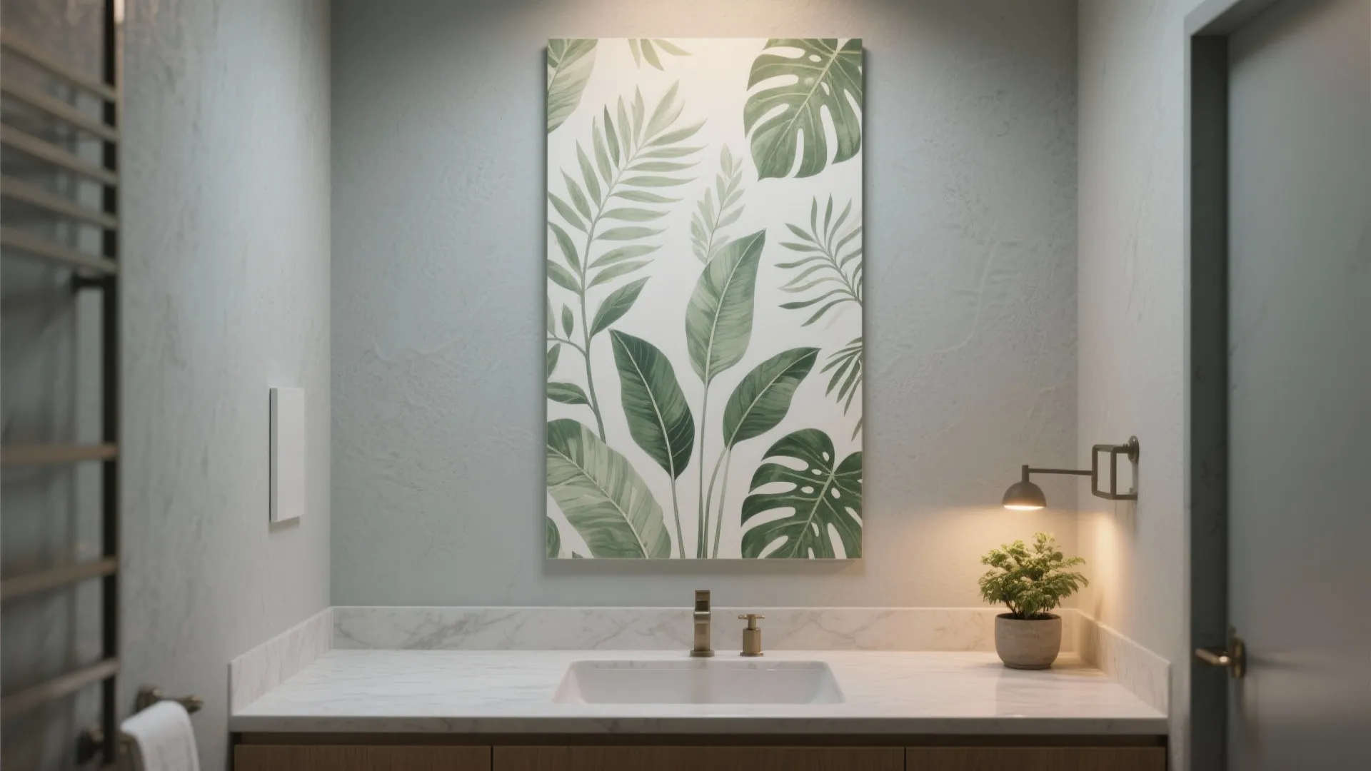 Bathroom interior with leaf wall panel white marble sink small potted plant and warm wall light