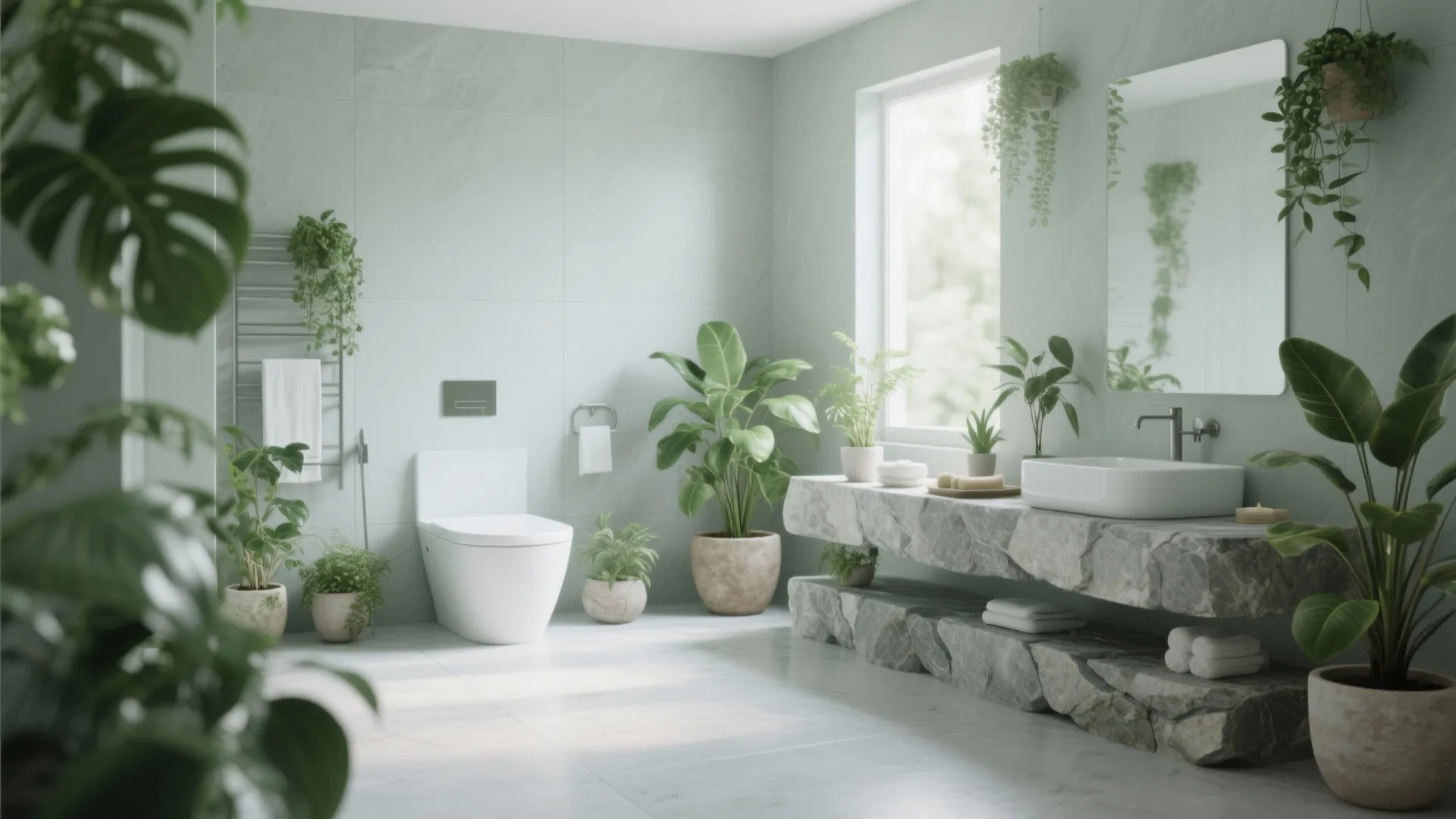 Modern green bathroom featuring stone counter white toilet several green plants and natural window light