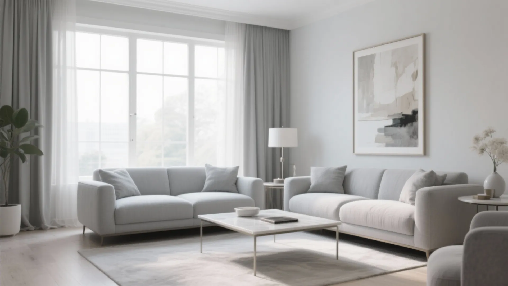 Spacious gray living room with two sofas marble coffee table large window and framed wall art