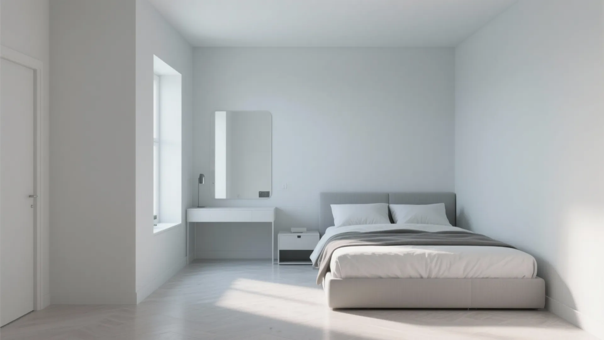 Minimalist small bedroom with pale gray walls and bright natural light