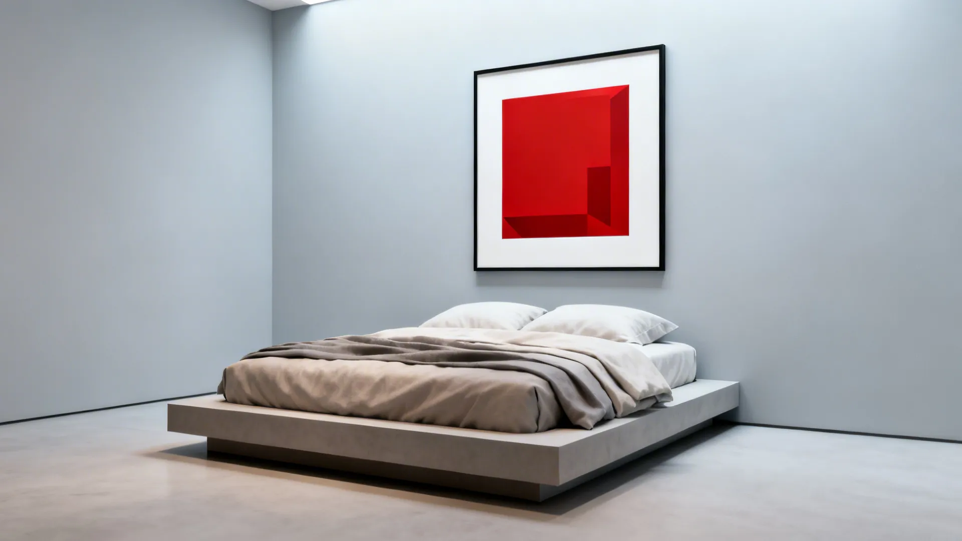 Minimalist bedroom with pale gray walls and red geometric artwork above a simple platform bed