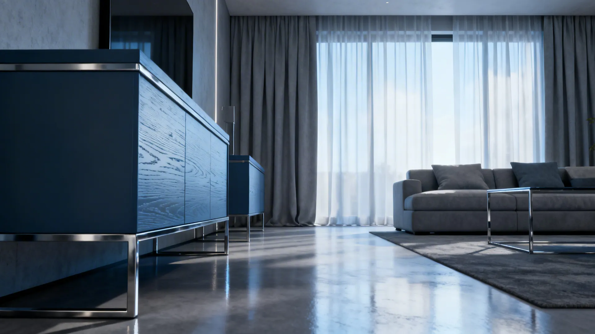 Modern living room with pale gray curtains and metal accents.