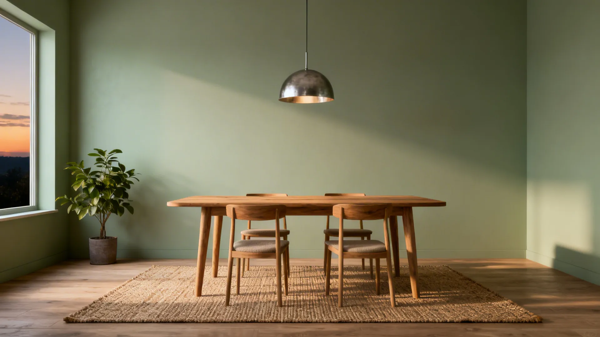 Small dining area with pale muted green walls and natural wood furniture