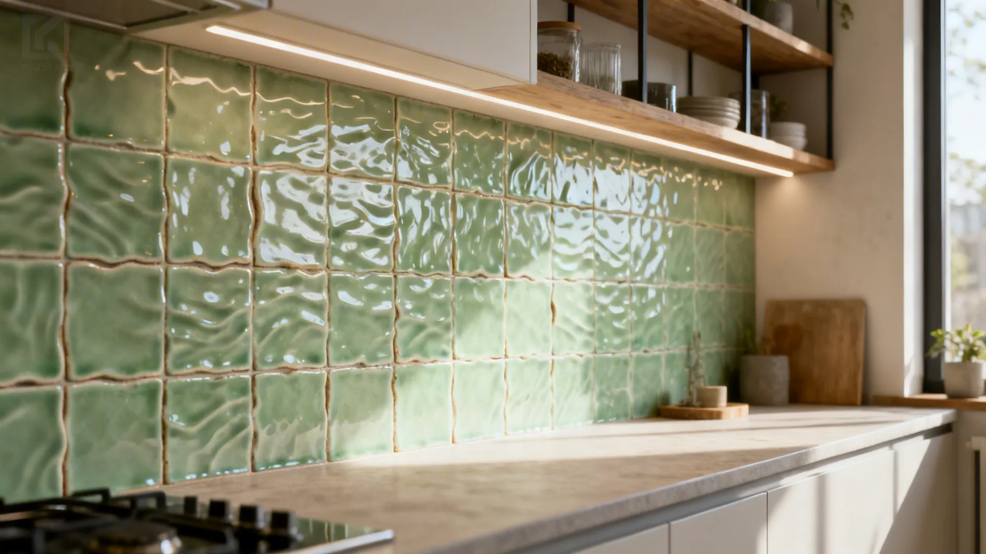 Pale green zellige tile backsplash with handcrafted texture behind a kitchen sink.