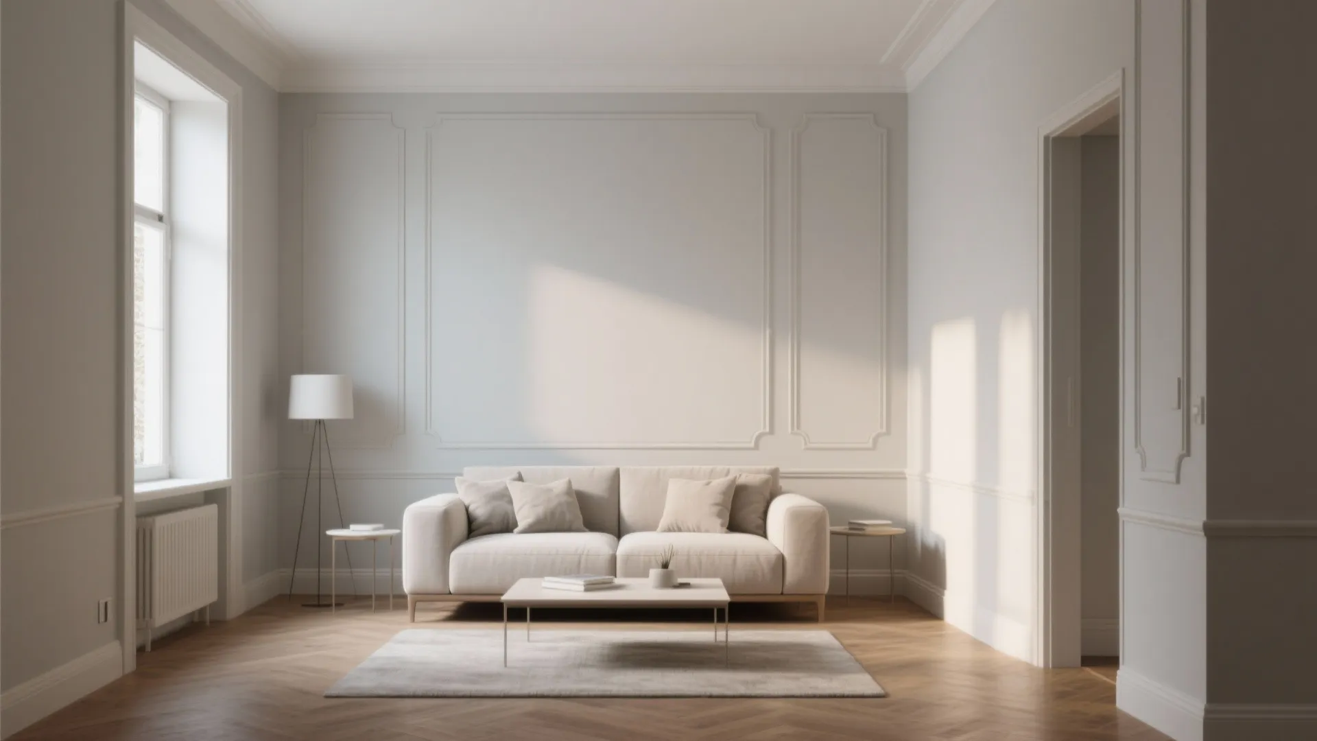 Minimalist living room with white wall panel cream sofa coffee table wood floor and natural sunlight