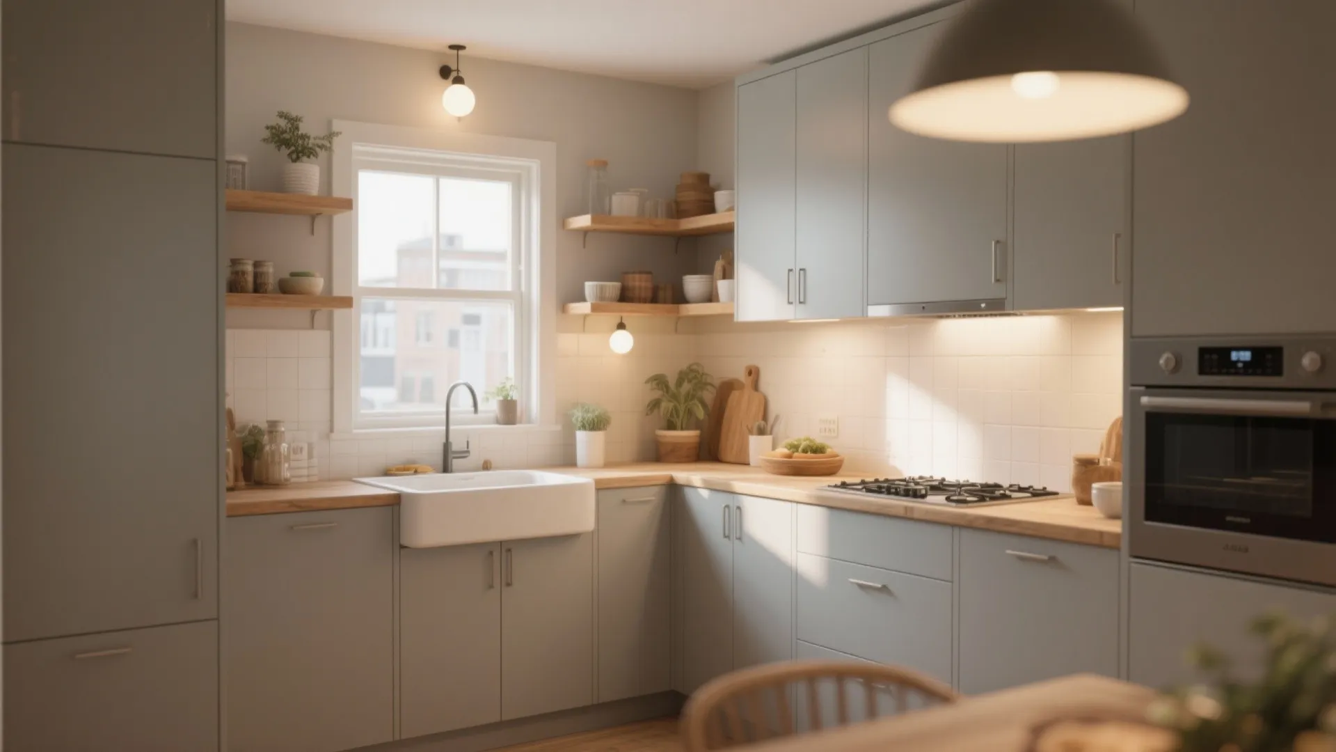 Small north-facing kitchen with pale greige cabinets and warm wood shelves under soft daylight