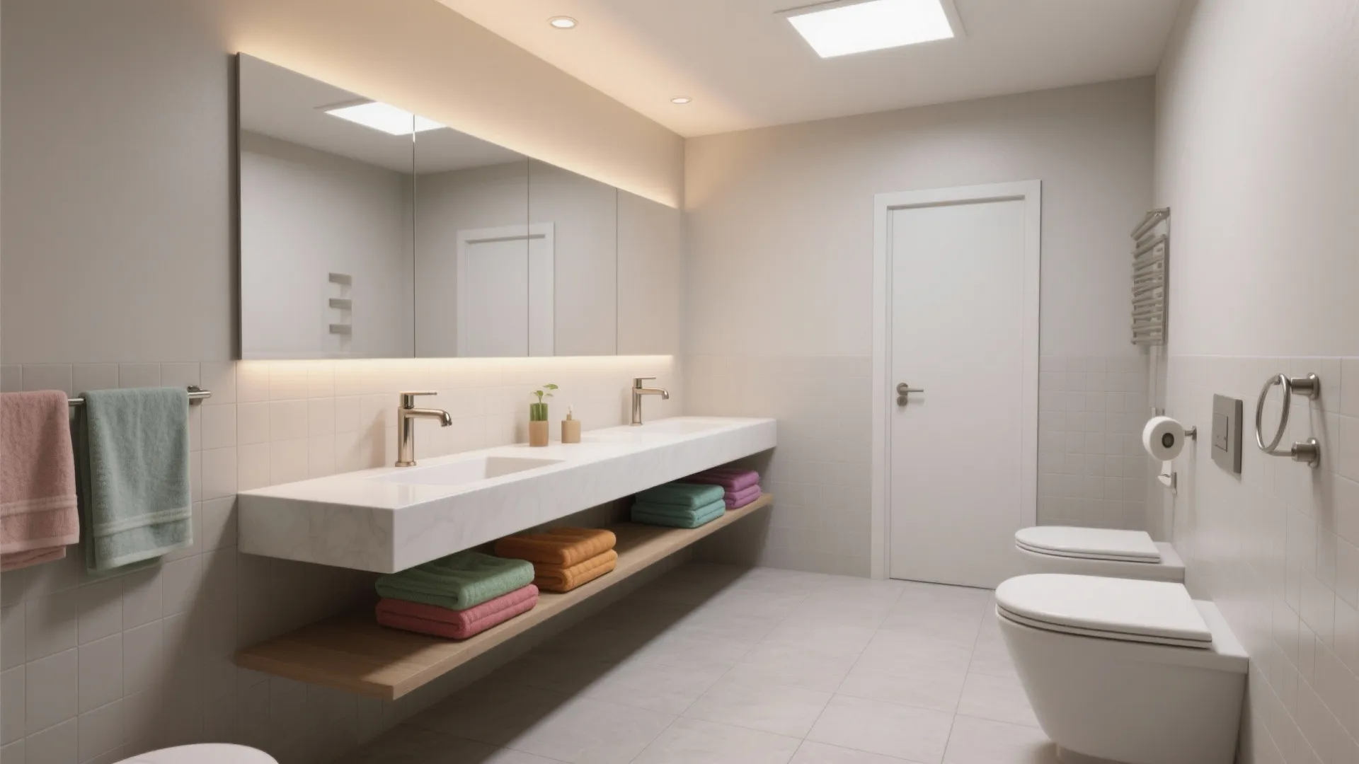 Modern pale greige bathroom featuring double sink vanity large mirror wall toilets and folded colorful towels