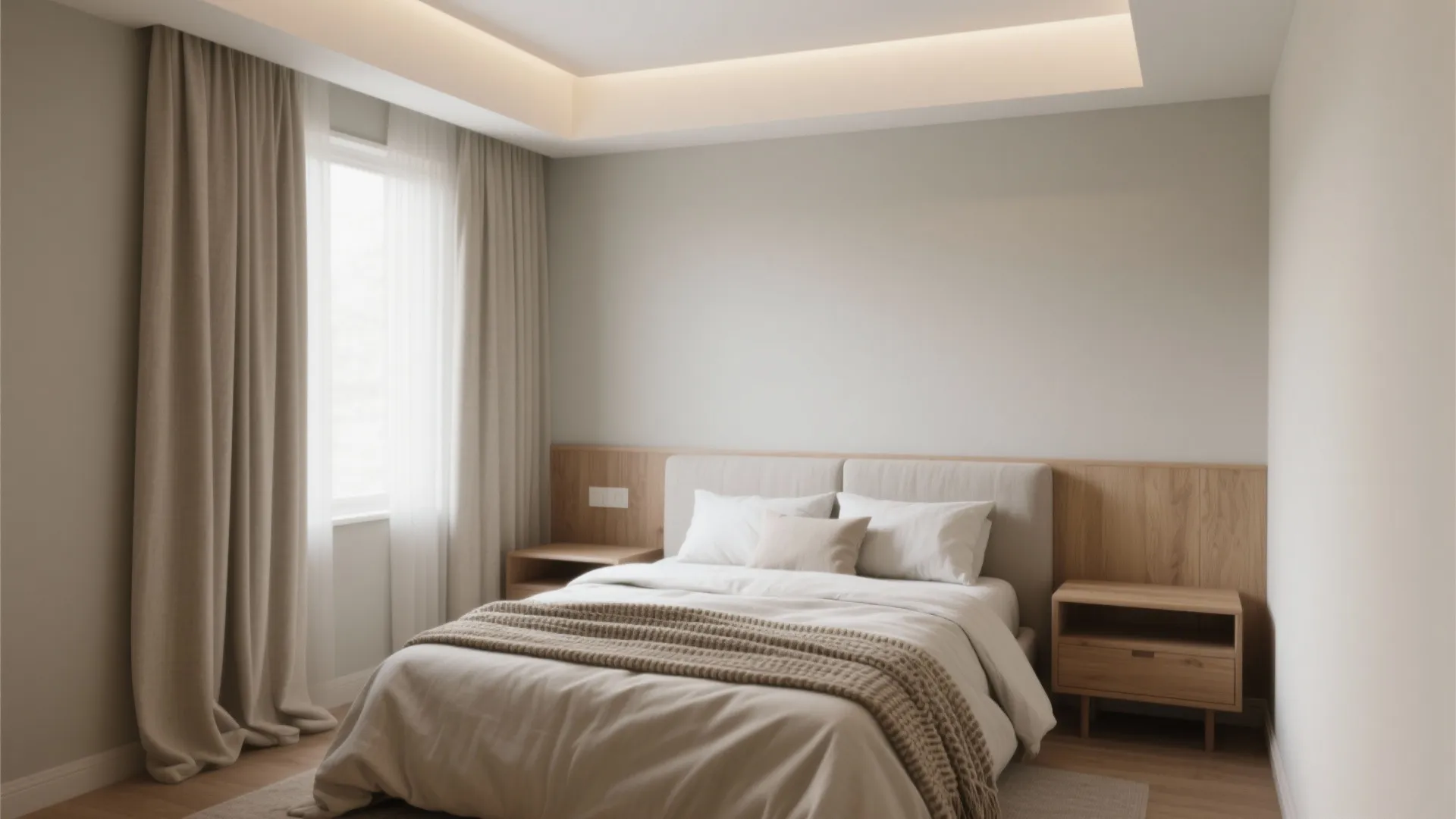 Compact bedroom with pale greige walls, cream ceiling, and oak accents creating subtle depth.