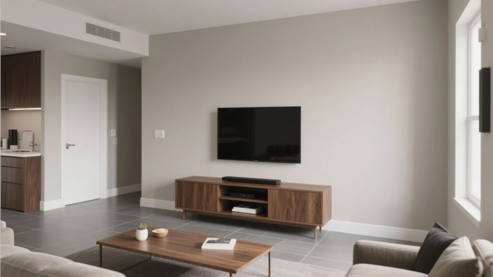 Compact condo with pale greige walls pairing with gray tiles and a walnut media unit.