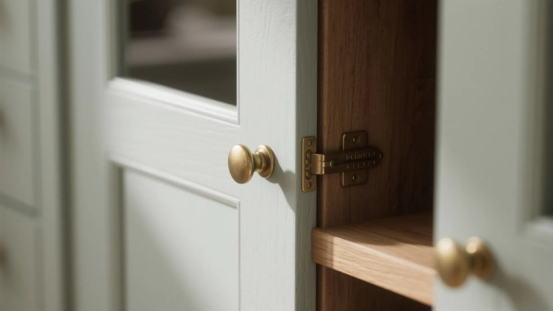 Close-up of pale greige cabinet finish with warm wood shelf and brass hardware