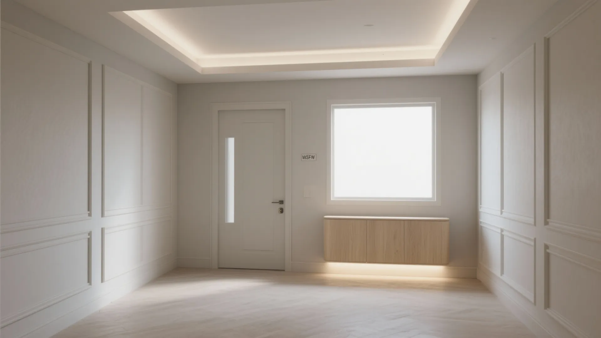 Modern entrance hallway with white wall panels wooden cabinet bright window and warm ceiling light