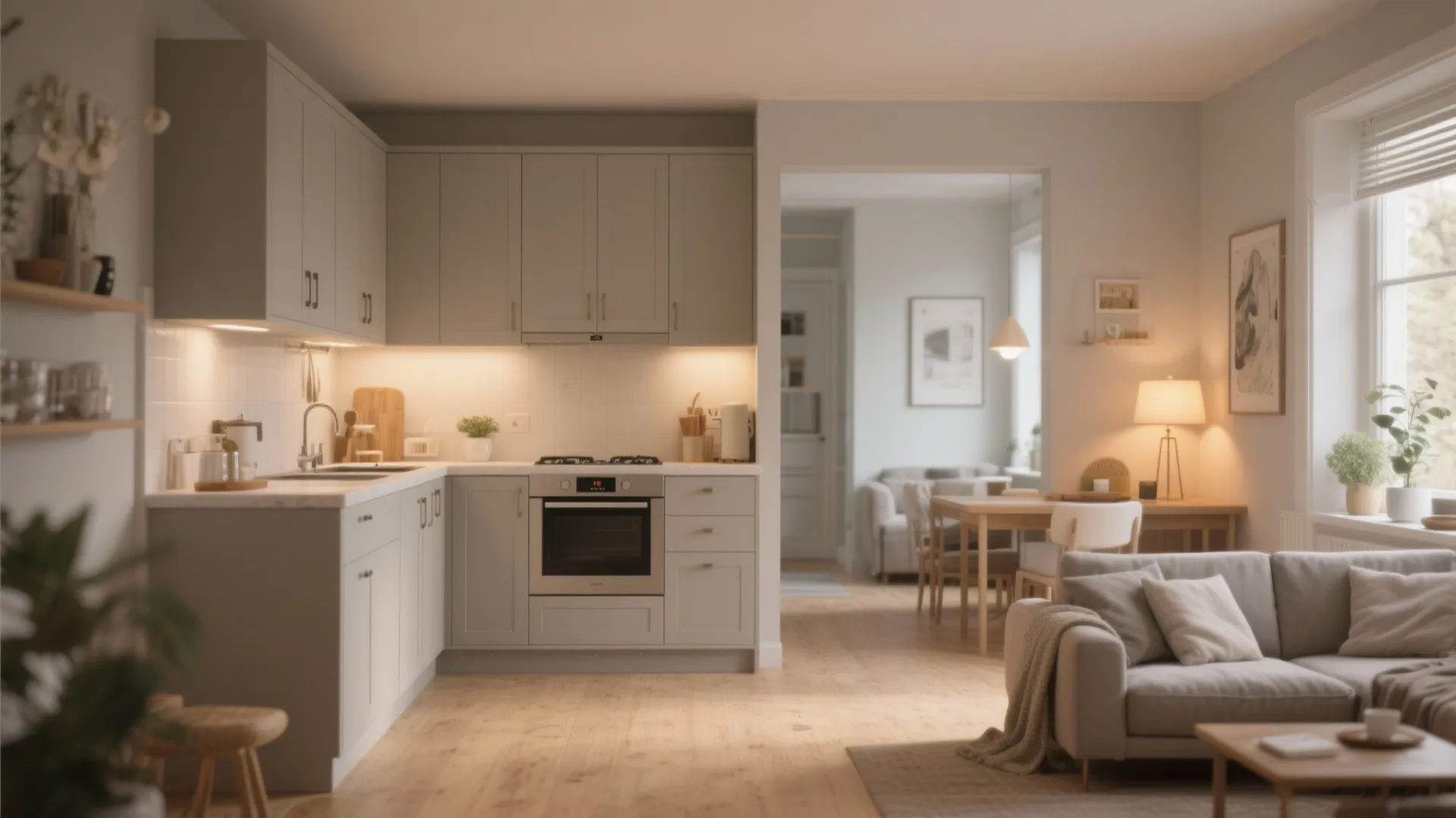 Modern grey kitchen cabinets with sink and oven next to an open living room layout