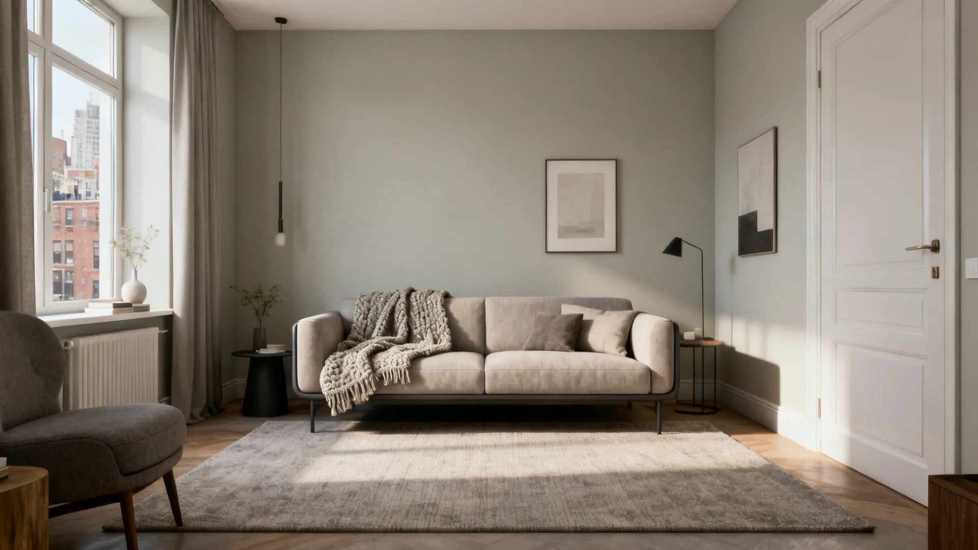 Compact urban living room with pale greige walls unifying mismatched furniture
